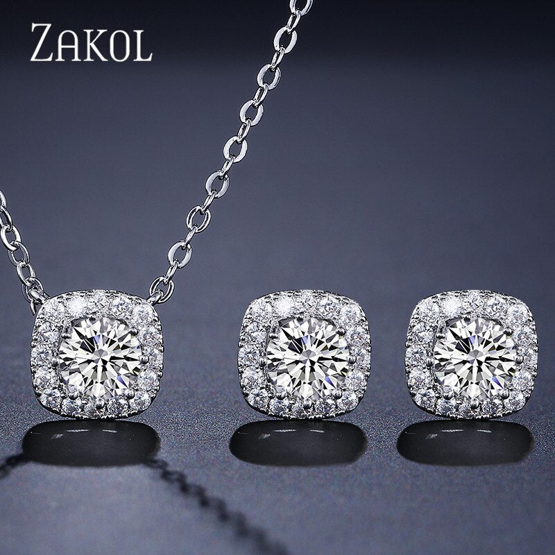 Fashion Yellow White Cz Zirconia Square Earrings & Necklace Set