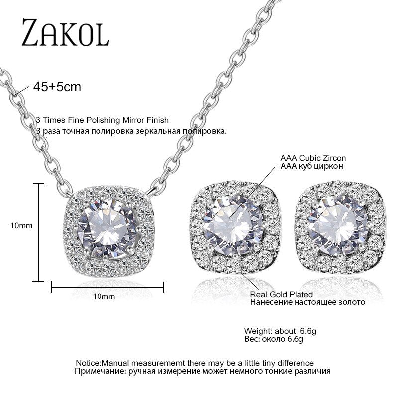 Fashion Yellow White Cz Zirconia Square Earrings & Necklace Set