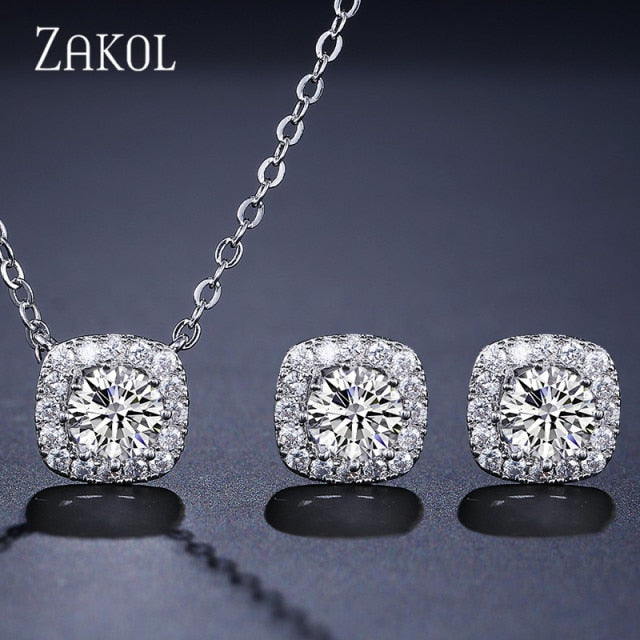 Fashion Yellow White Cz Zirconia Square Earrings & Necklace Set