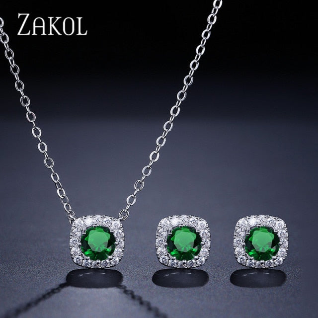 Fashion Yellow White Cz Zirconia Square Earrings & Necklace Set