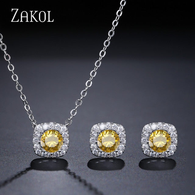 Fashion Yellow White Cz Zirconia Square Earrings & Necklace Set