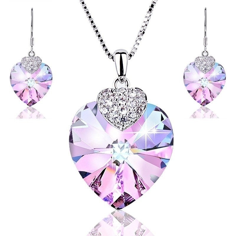 Fashion  Heart Shape Crystal Necklace Earrings Jewelry Sets