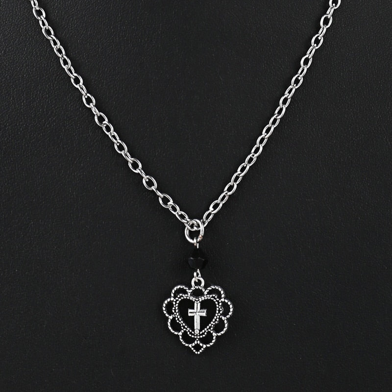 Hollow Heart Cross Pendant Necklace