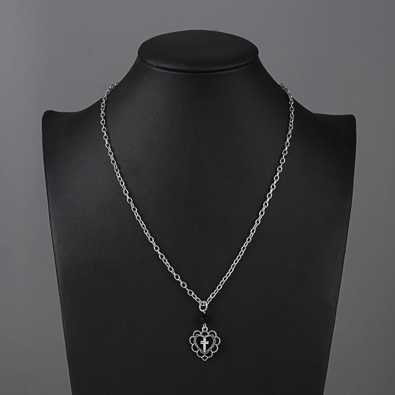 Hollow Heart Cross Pendant Necklace
