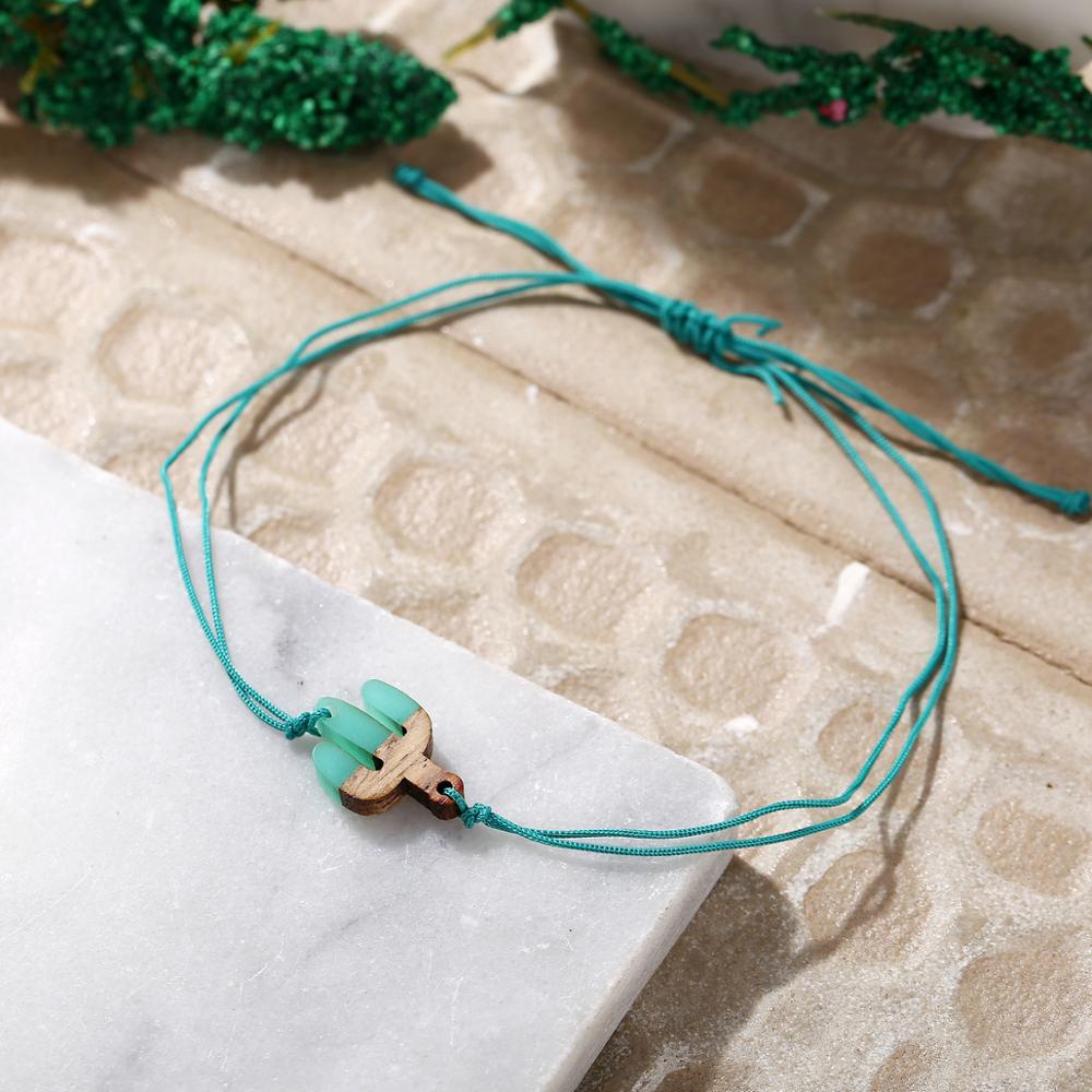 Green Cactus Love Circle Braided Wood Push-pull Bracelet