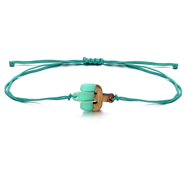 Green Cactus Love Circle Braided Wood Push-pull Bracelet