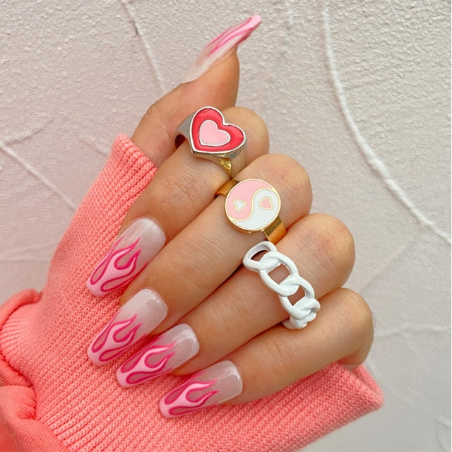 Colorful Heart Y2K Ring Set