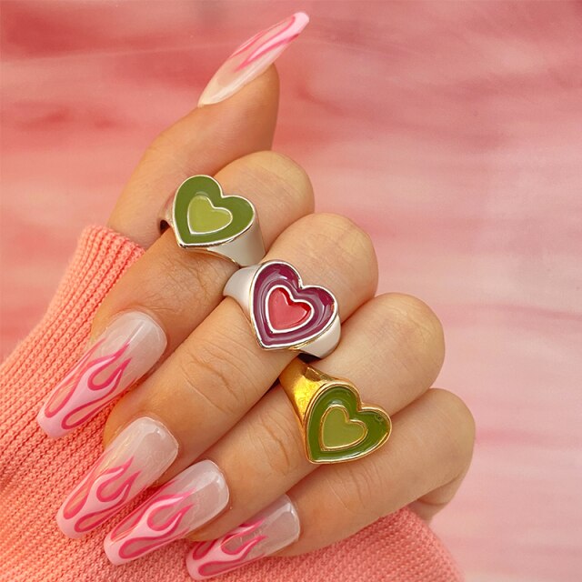 Colorful Heart Y2K Ring Set