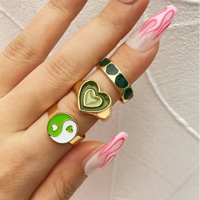 Colorful Heart Y2K Ring Set