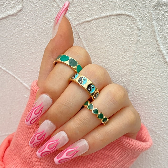 Colorful Heart Y2K Ring Set