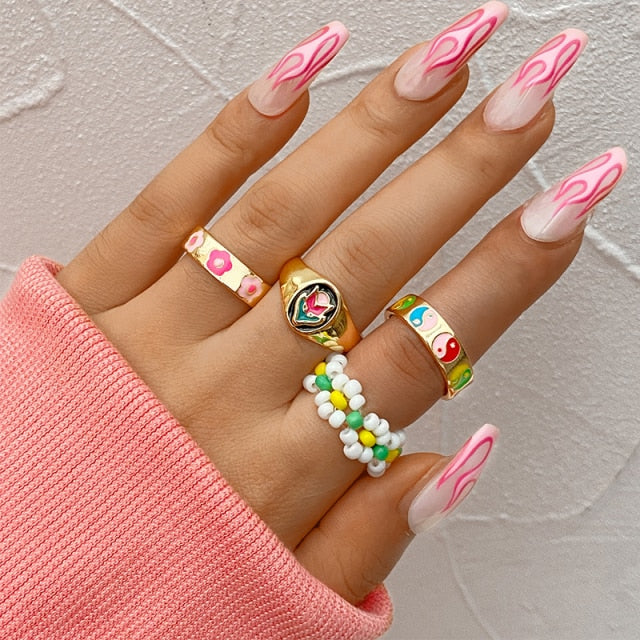 Colorful Heart Y2K Ring Set