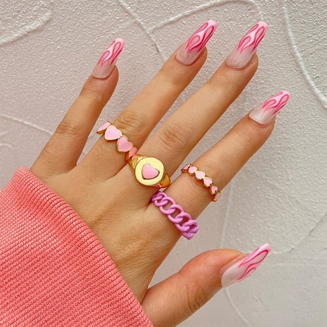 Colorful Heart Y2K Ring Set