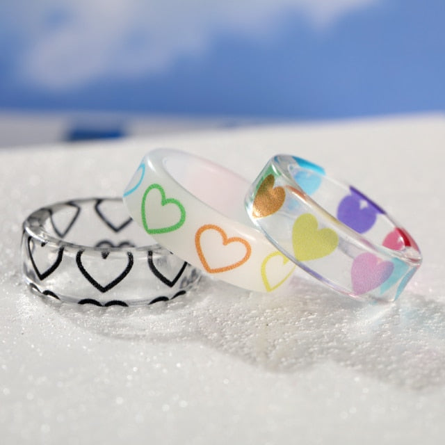 Colorful Heart Y2K Ring Set