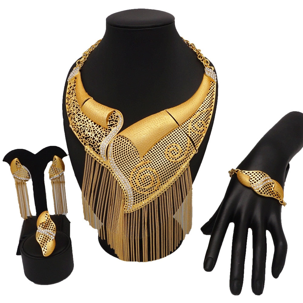 Dubai 24k Gold Big  Women Wedding Long Necklace Ethiopian Set