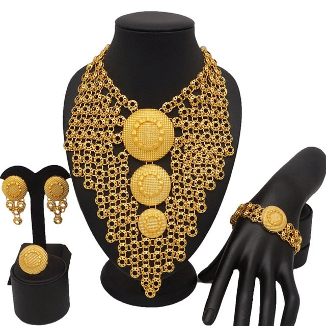 Dubai 24k Gold Big  Women Wedding Long Necklace Ethiopian Set