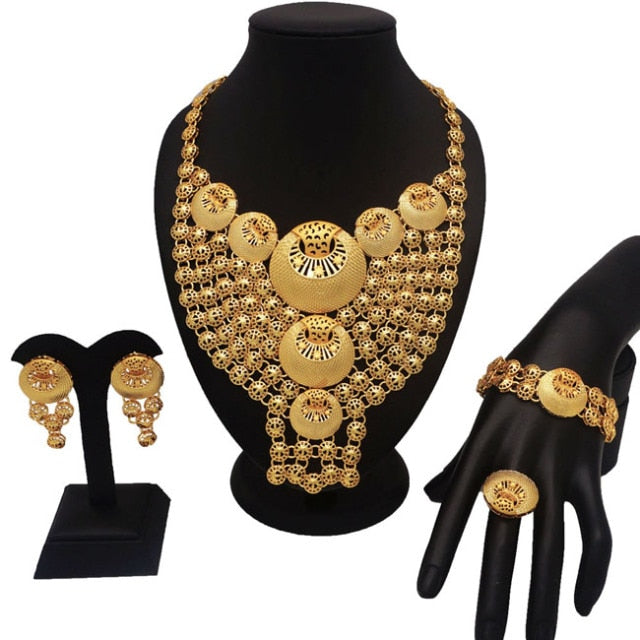 Dubai 24k Gold Big  Women Wedding Long Necklace Ethiopian Set