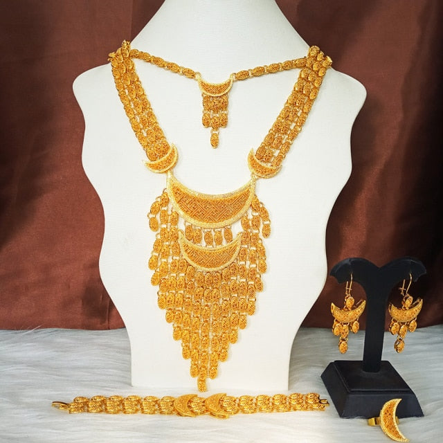 Dubai 24k Gold Big  Women Wedding Long Necklace Ethiopian Set