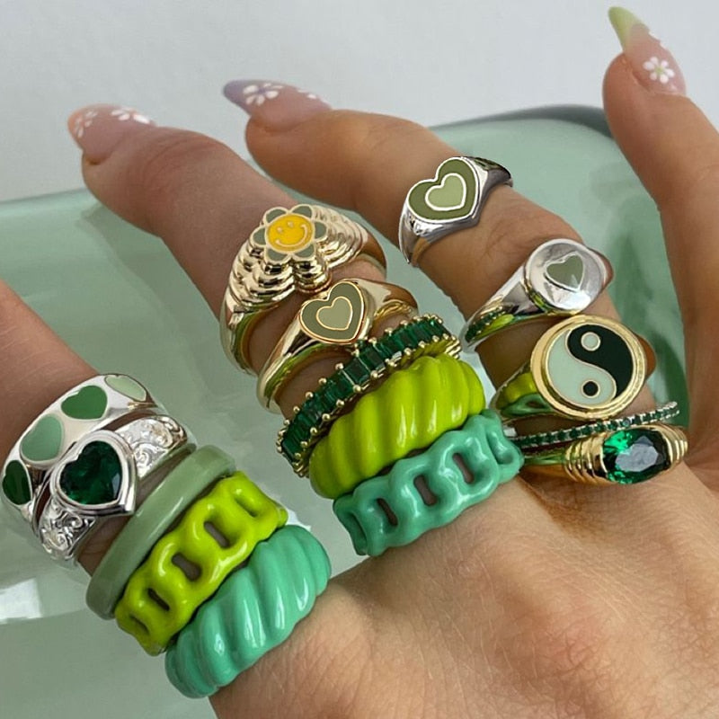 Chunky Colorful Love Heart Yin Yang Rings