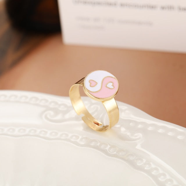 Chunky Colorful Love Heart Yin Yang Rings
