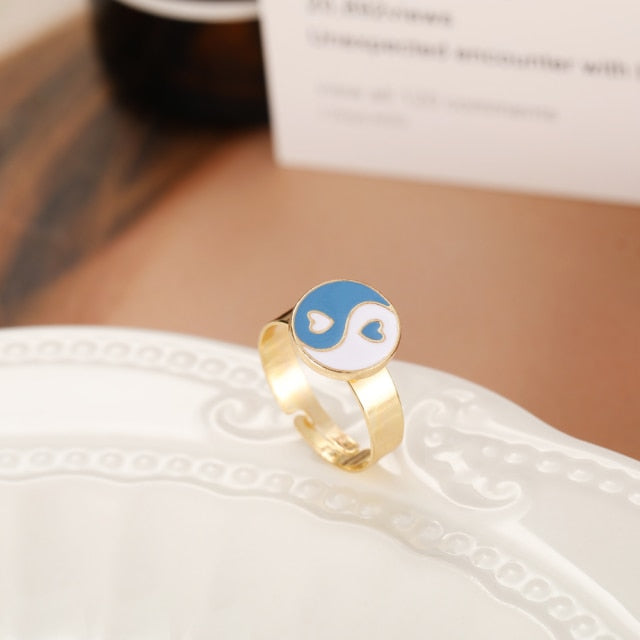 Chunky Colorful Love Heart Yin Yang Rings