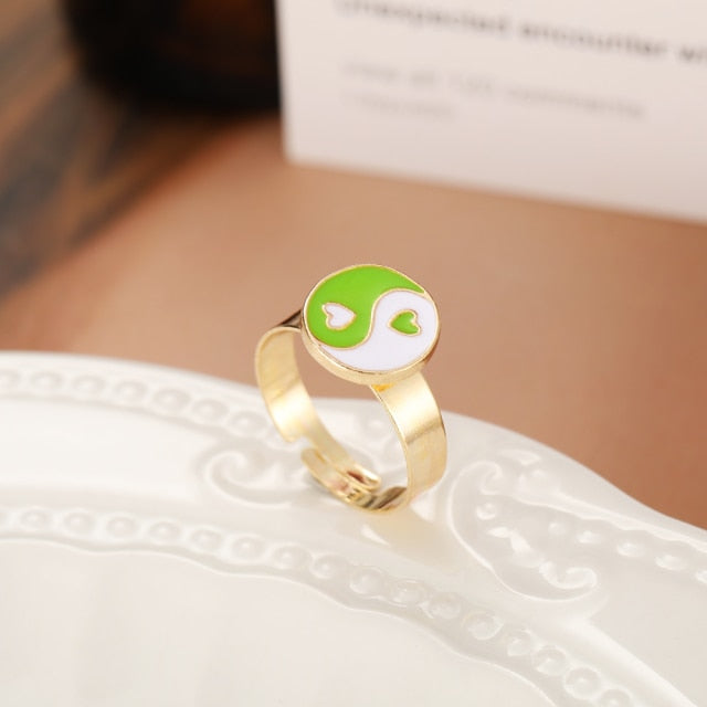 Chunky Colorful Love Heart Yin Yang Rings