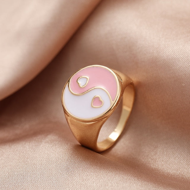 Chunky Colorful Love Heart Yin Yang Rings