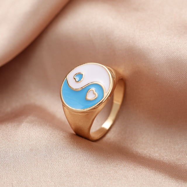 Chunky Colorful Love Heart Yin Yang Rings