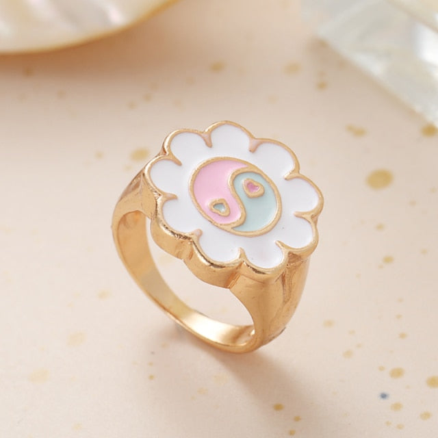 Chunky Colorful Love Heart Yin Yang Rings