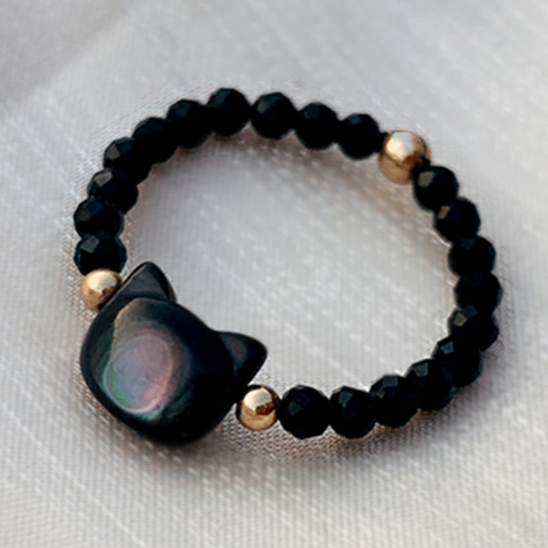 Crystal Handmade Cut Black White Pearl Cat Rings