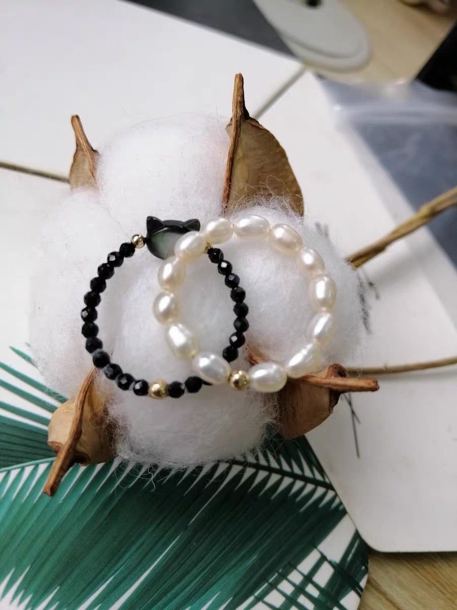Crystal Handmade Cut Black White Pearl Cat Rings