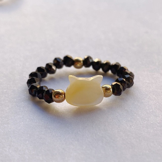 Crystal Handmade Cut Black White Pearl Cat Rings