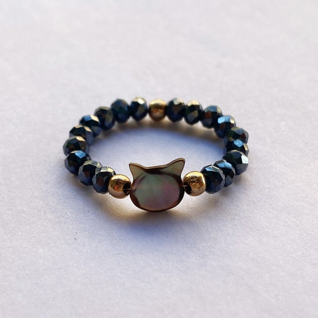 Crystal Handmade Cut Black White Pearl Cat Rings