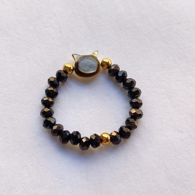 Crystal Handmade Cut Black White Pearl Cat Rings