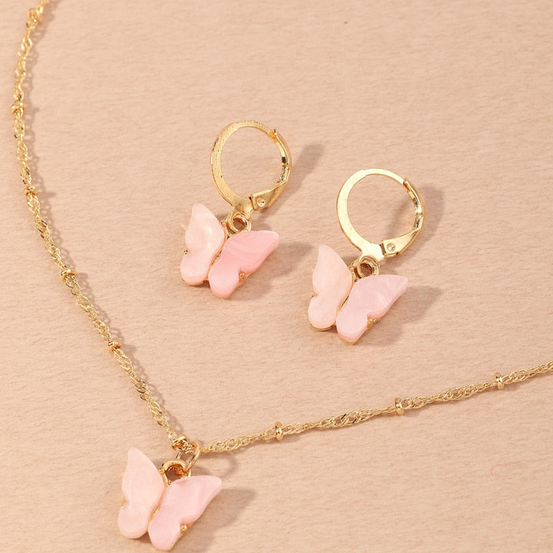 Pretty Butterfly Pendant Necklace Gold Drop Earring Jewelry Sets