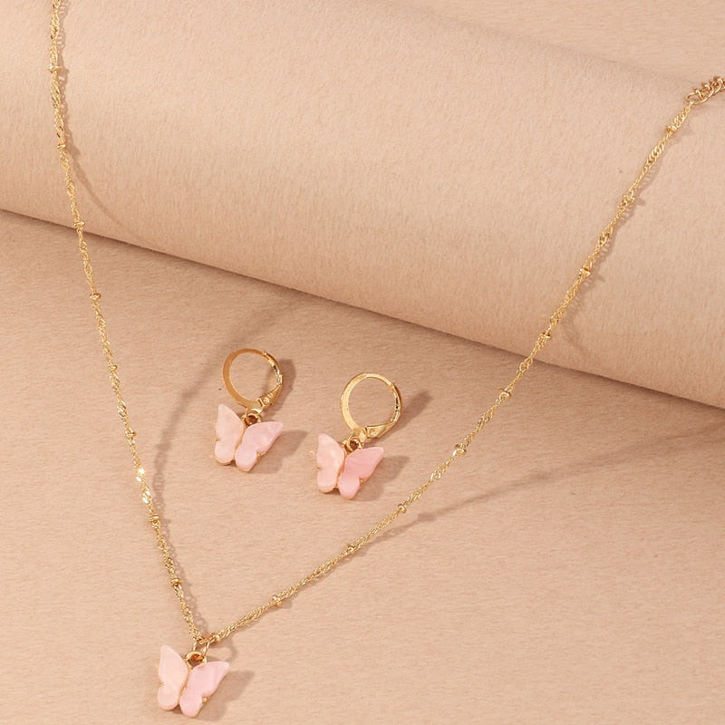 Pretty Butterfly Pendant Necklace Gold Drop Earring Jewelry Sets