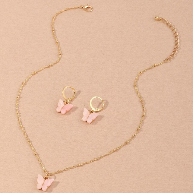 Pretty Butterfly Pendant Necklace Gold Drop Earring Jewelry Sets