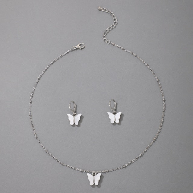 Pretty Butterfly Pendant Necklace Gold Drop Earring Jewelry Sets