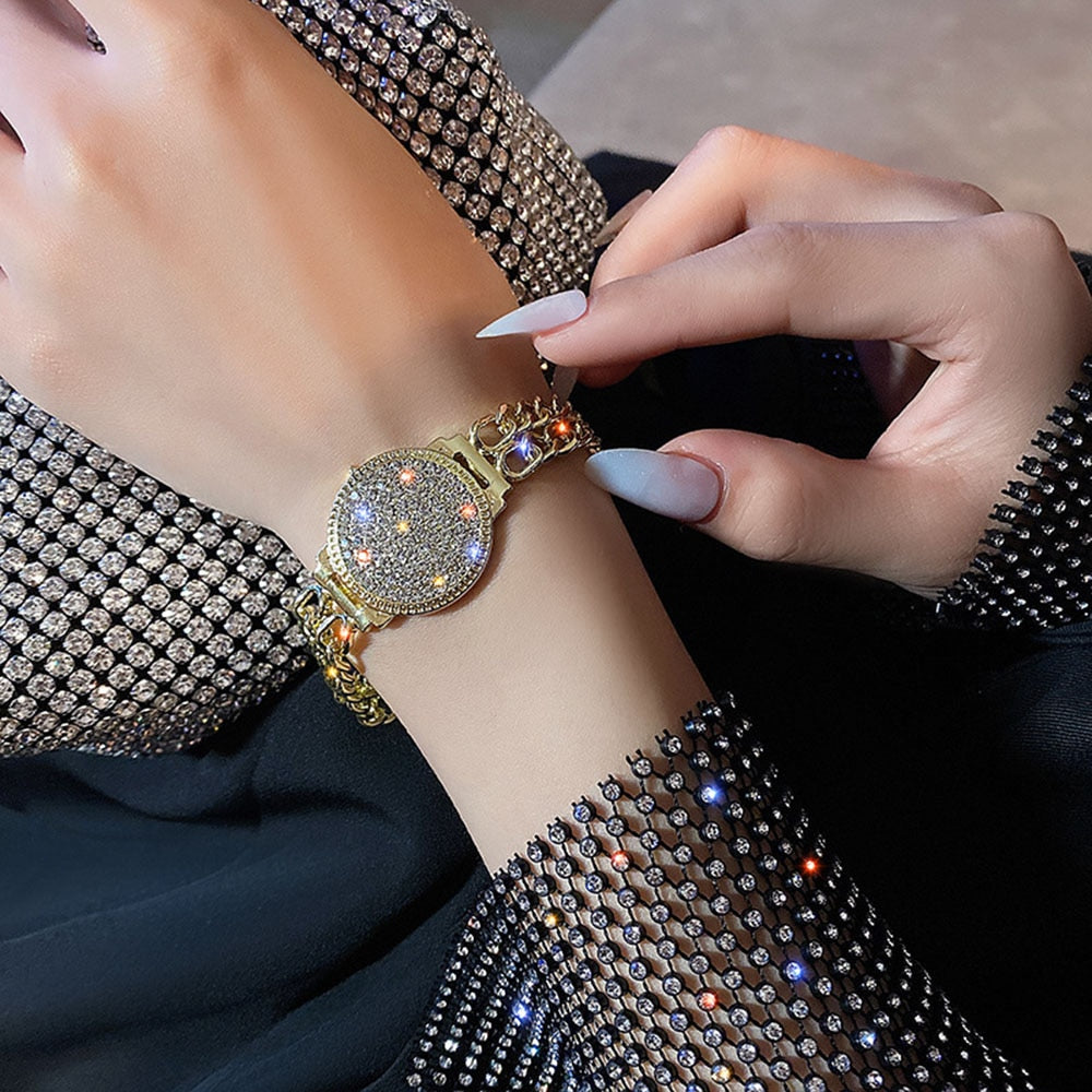 Cool Style Luxury Inlaid Rhinestone Double Chain Watch Shape
