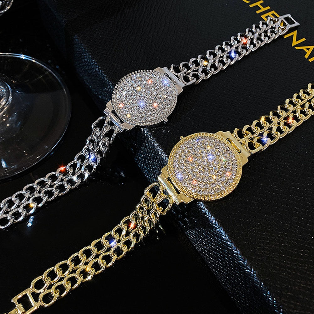 Cool Style Luxury Inlaid Rhinestone Double Chain Watch Shape