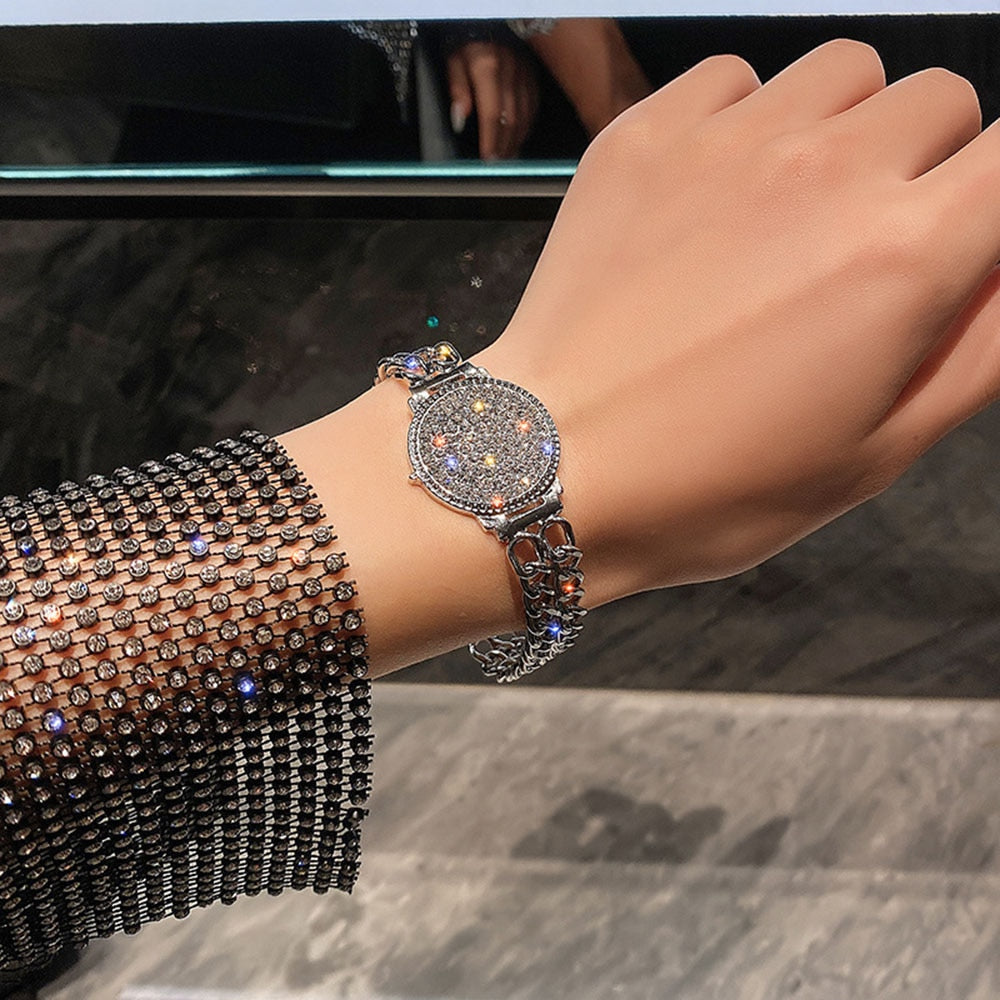 Cool Style Luxury Inlaid Rhinestone Double Chain Watch Shape