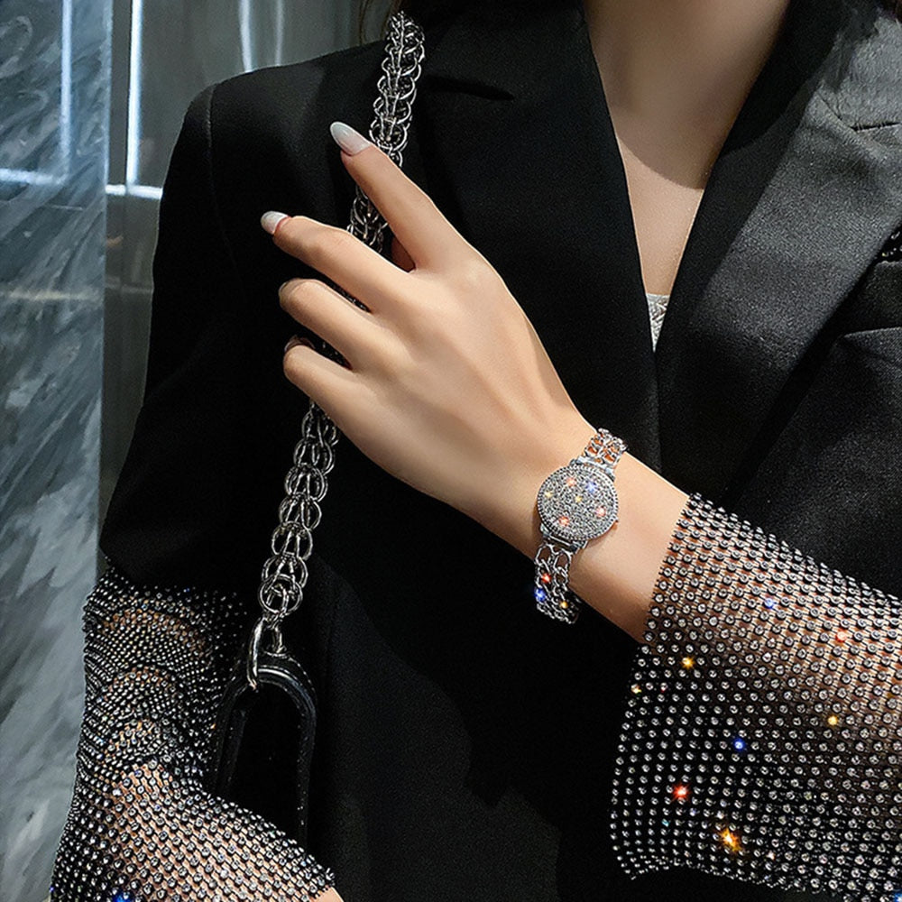 Cool Style Luxury Inlaid Rhinestone Double Chain Watch Shape