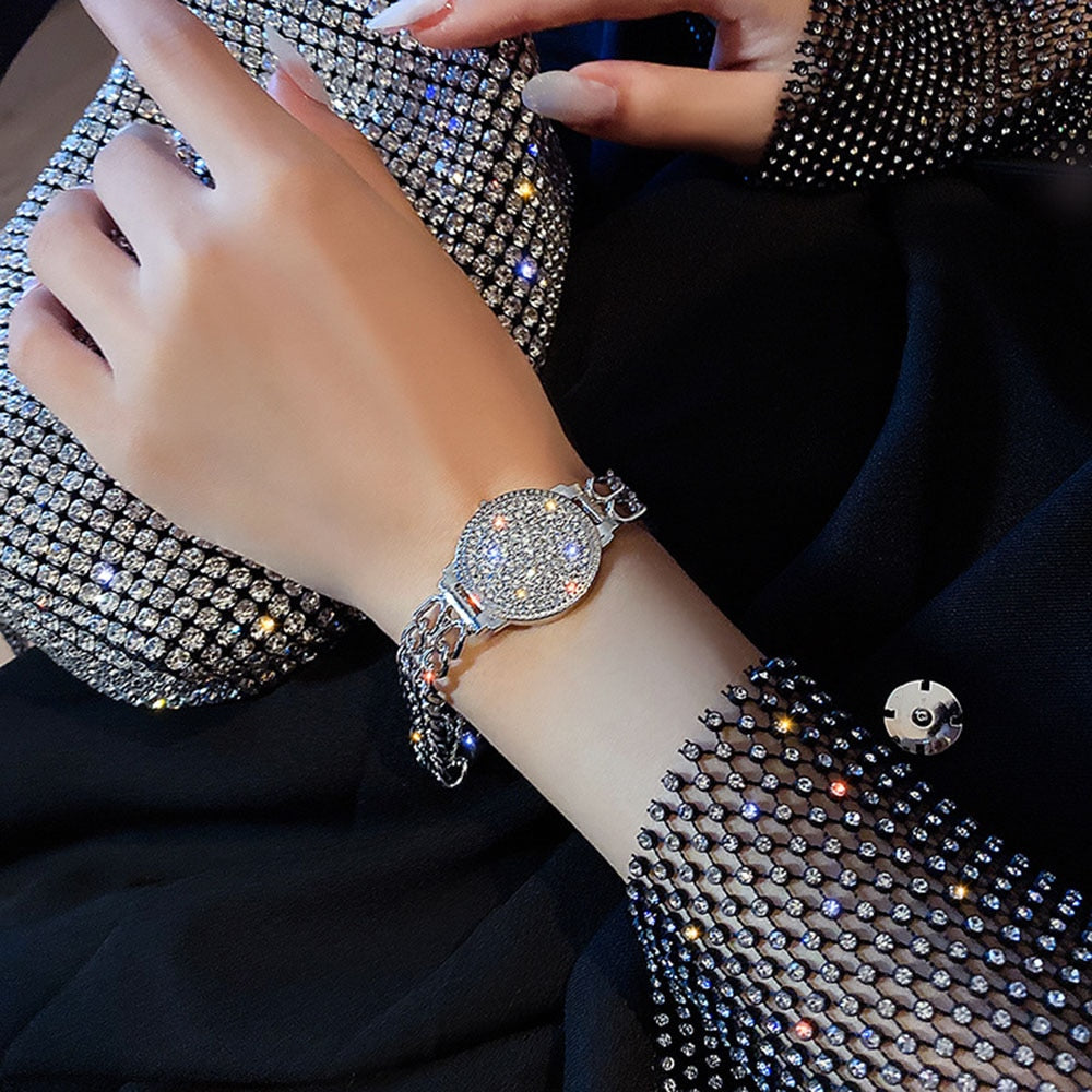 Cool Style Luxury Inlaid Rhinestone Double Chain Watch Shape
