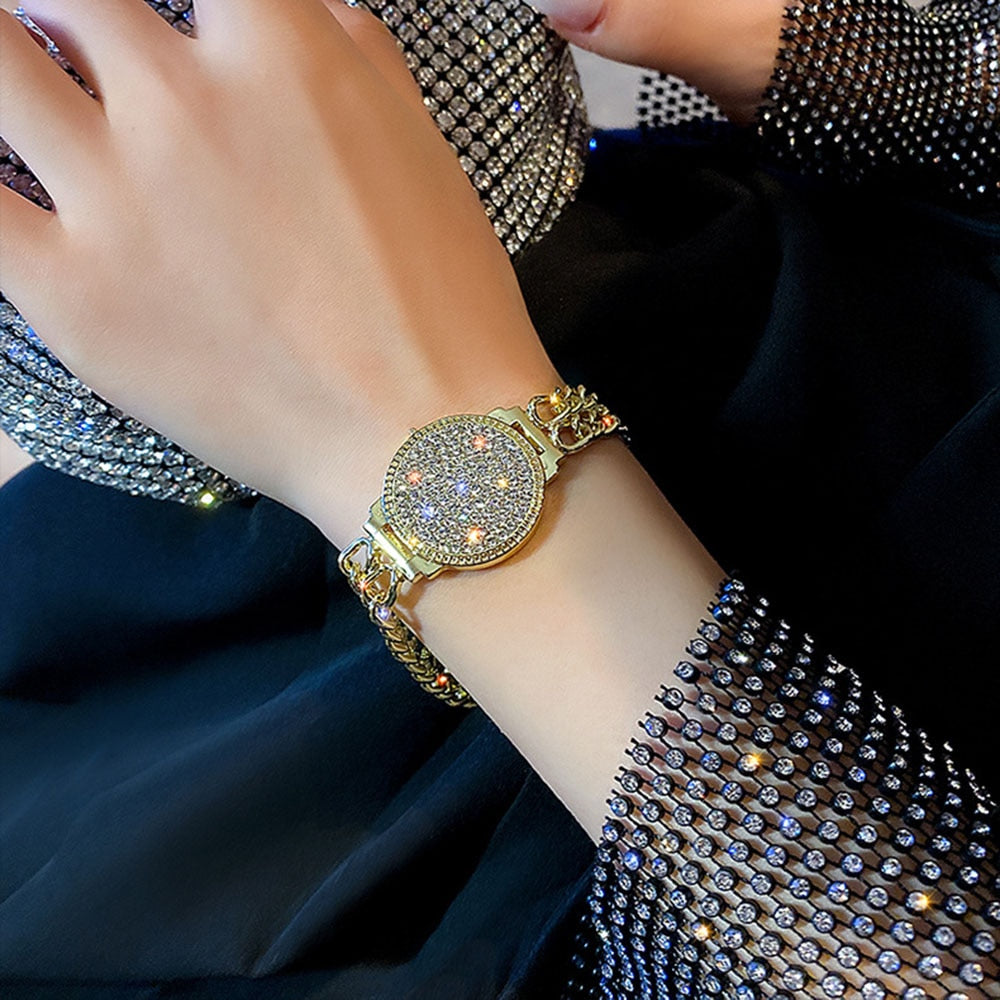 Cool Style Luxury Inlaid Rhinestone Double Chain Watch Shape
