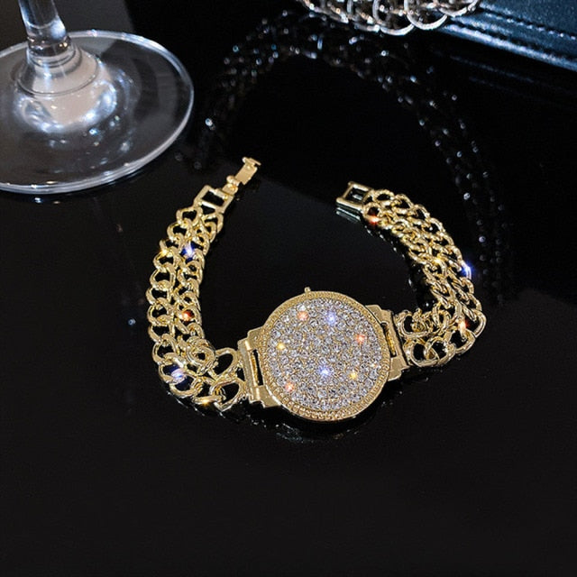 Cool Style Luxury Inlaid Rhinestone Double Chain Watch Shape