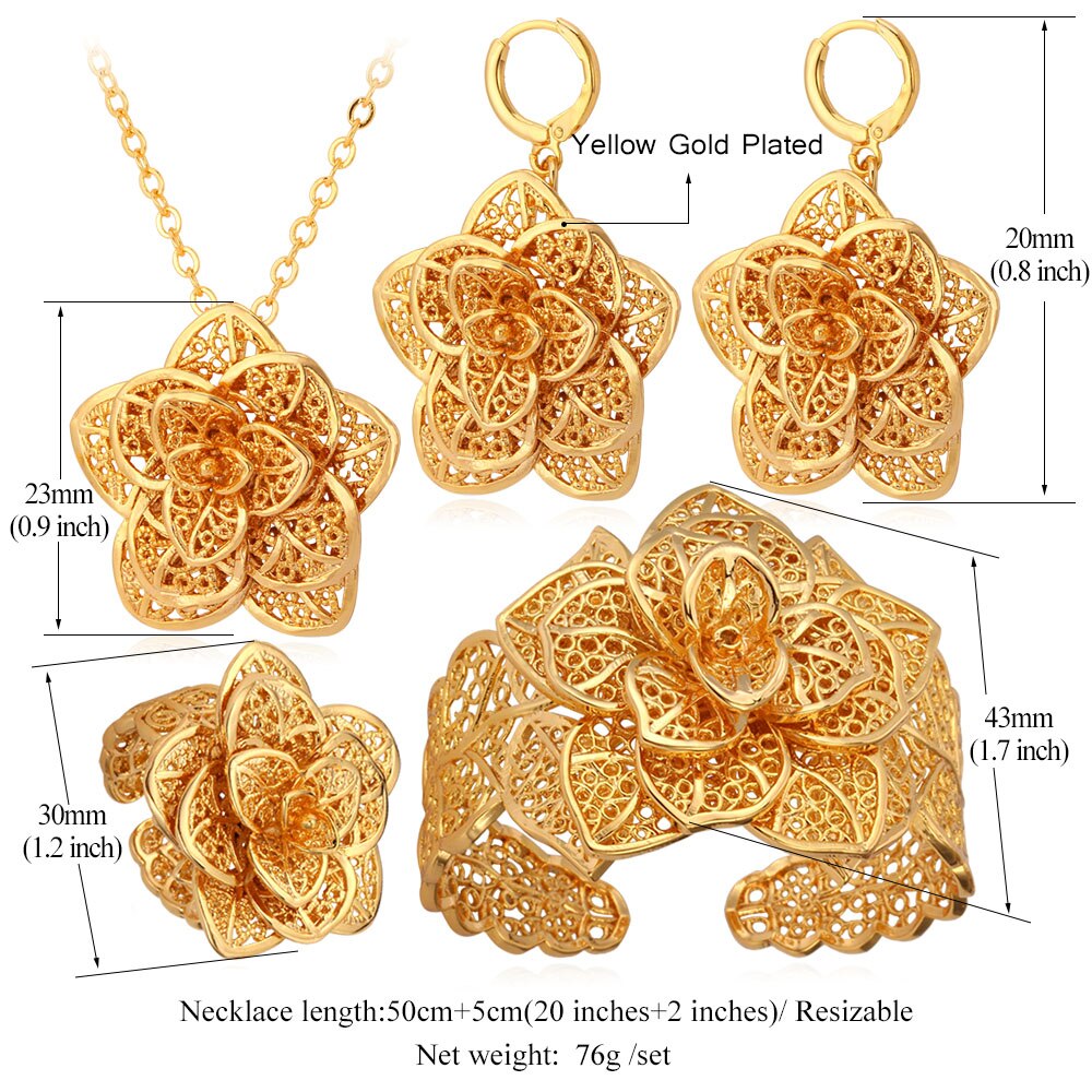 Gold Necklace Cuff Bracelet Drop Earrings & Ring Bridal Wedding Jewelry Set