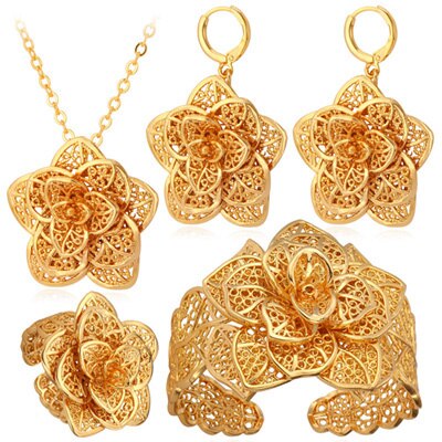 Gold Necklace Cuff Bracelet Drop Earrings & Ring Bridal Wedding Jewelry Set