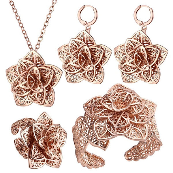 Gold Necklace Cuff Bracelet Drop Earrings & Ring Bridal Wedding Jewelry Set