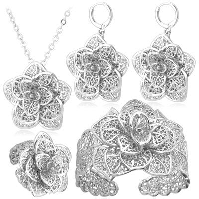 Gold Necklace Cuff Bracelet Drop Earrings & Ring Bridal Wedding Jewelry Set