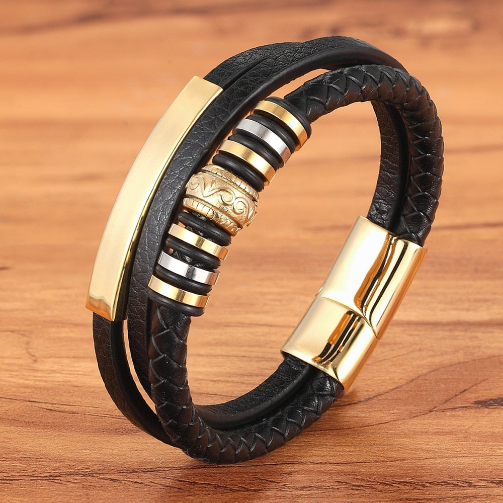 Fashion Promotion Multi-layer Metal Luxury Men's Leather Bracelet