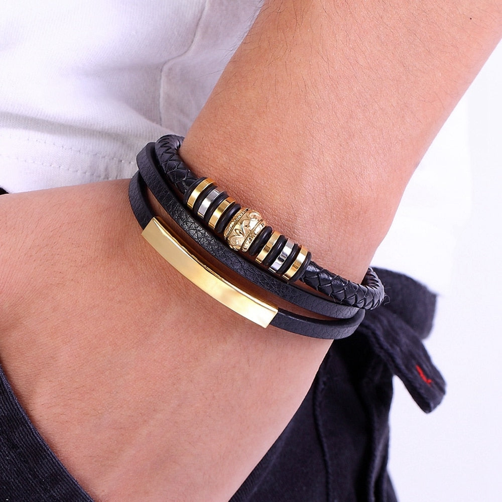 Fashion Promotion Multi-layer Metal Luxury Men's Leather Bracelet